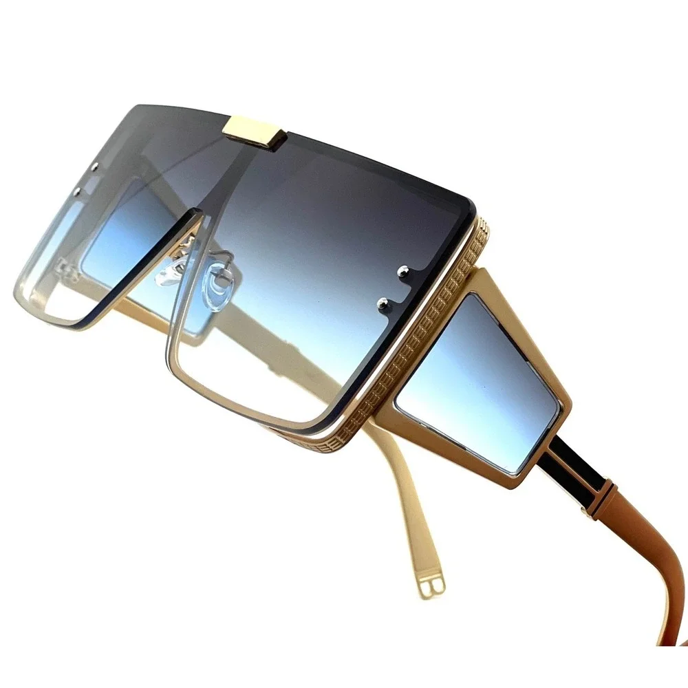 Sunglasses Men Blue Gradient Lens Oversized Rectangular Metal Hip Hop Cholo 2026